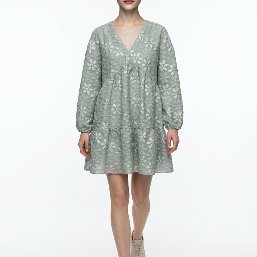 SHEIN Sage Green Floral Lace V-Neck Tiered Dress